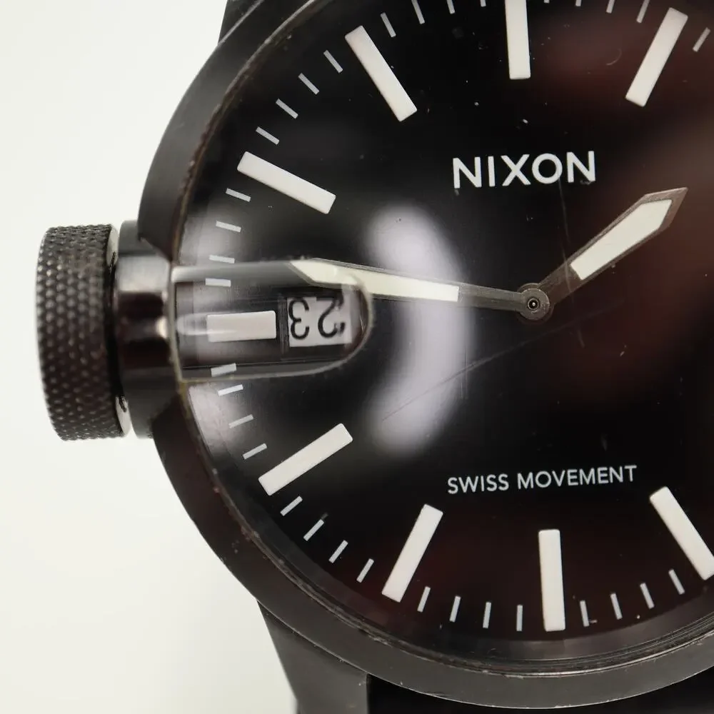 Nixon The Magnified Black White 48mm Swiss Lefty Watch UPSIDEDOWN DATE Working